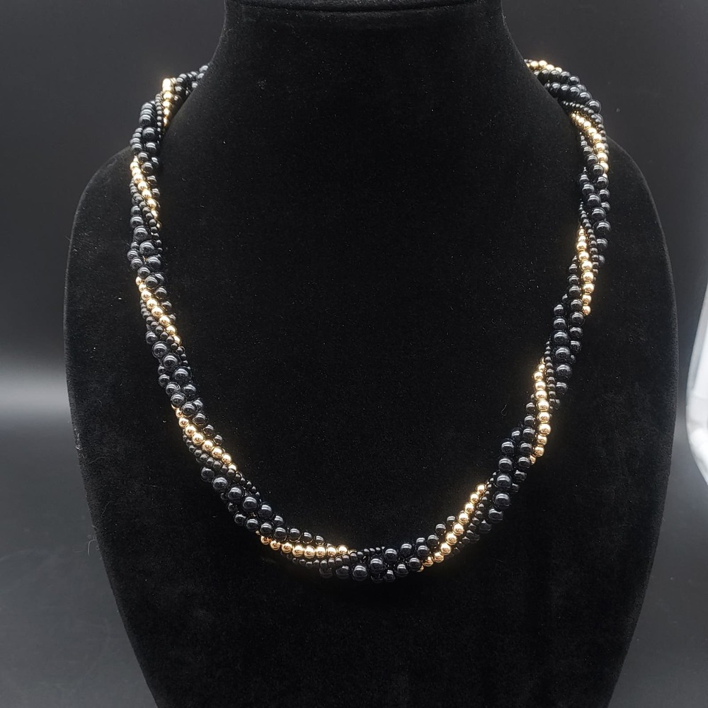 Napier Black Gold Tone Beaded Necklace Twisted Vintage Costume Jewelry
